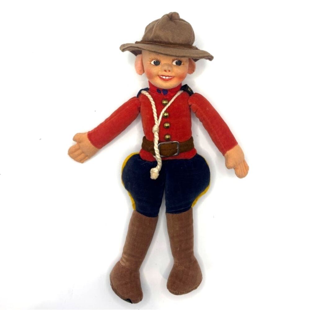 VTG 1940's Norah Wellings, 10 in. Royal Canadian Mountie Doll, Cloth/Plaster